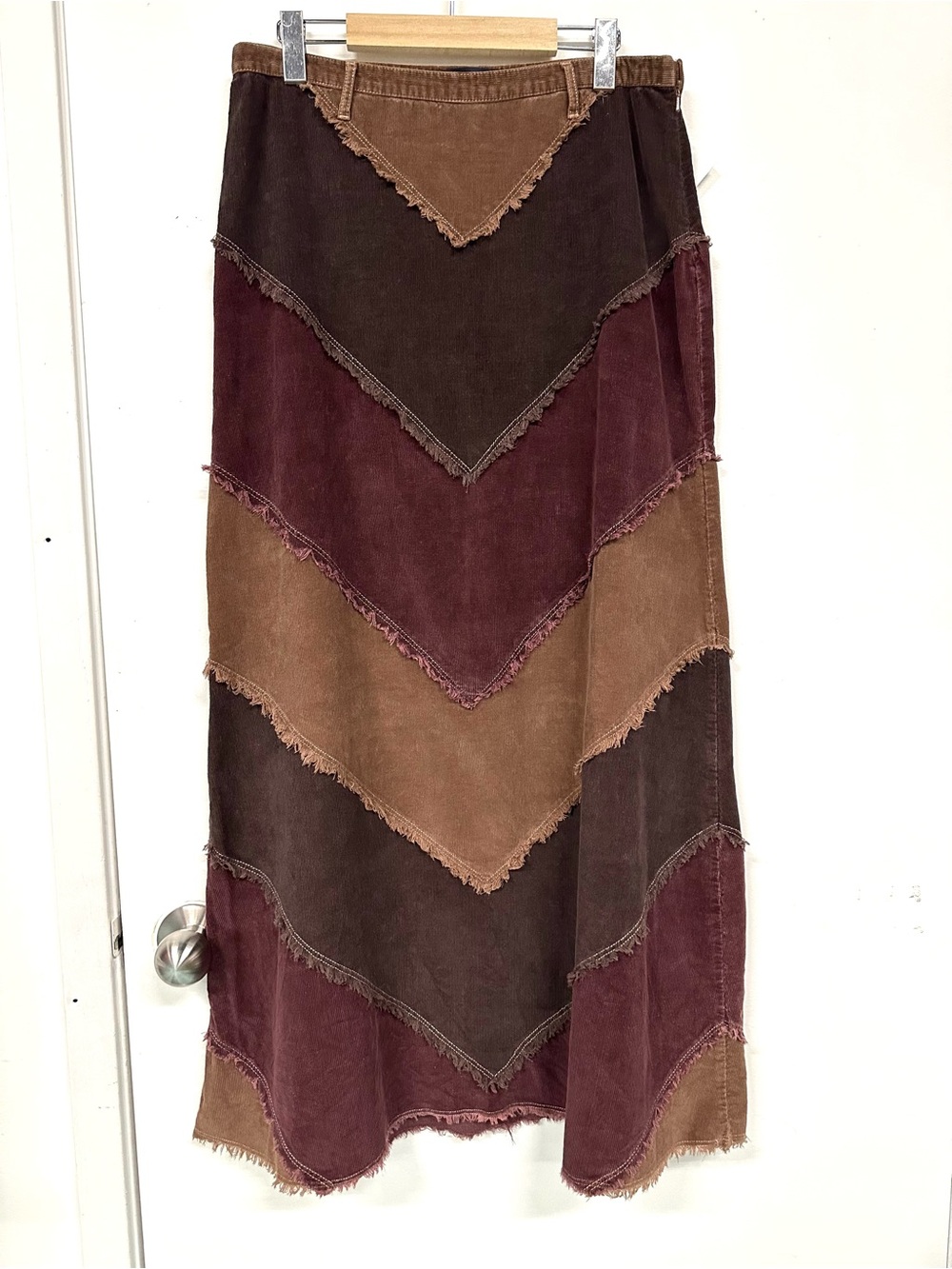 Corduroy Chevron Patchwork Maxi Skirt Armor Jeans Brown Tan Wine Boho Raw Hem